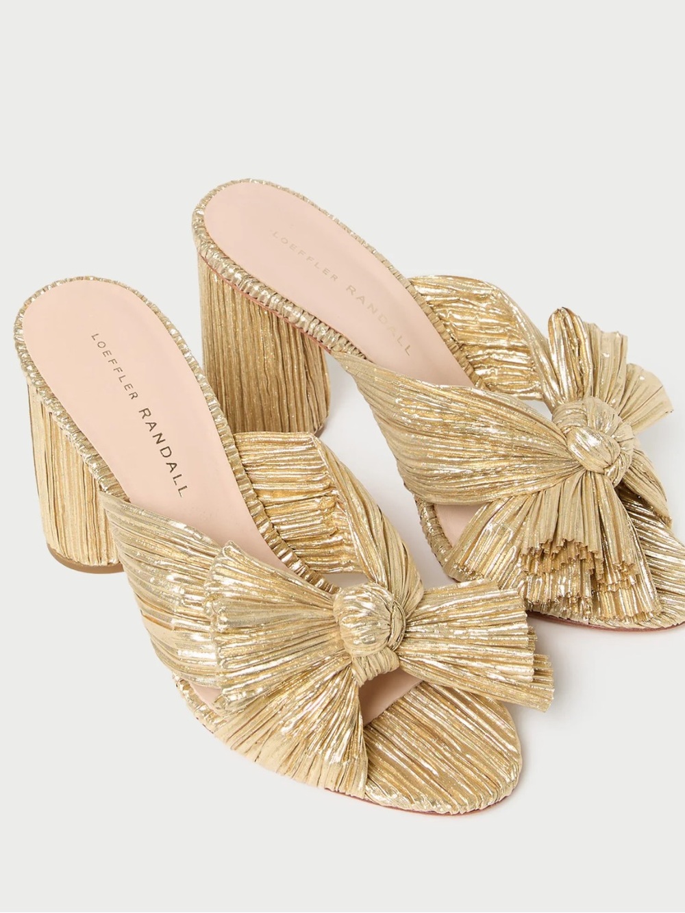 Loeffler Randall Gold Pleated Bow Block Heel Mules